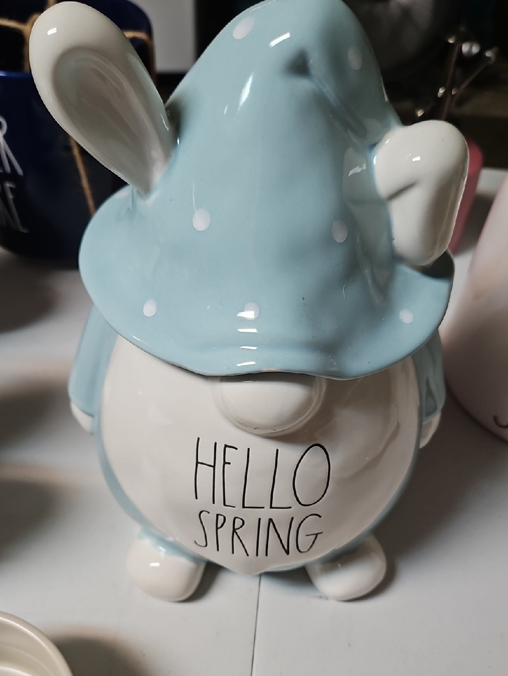 New RAE DUNN , "Hello Spring"  Gnome Cookie Jar,blue.